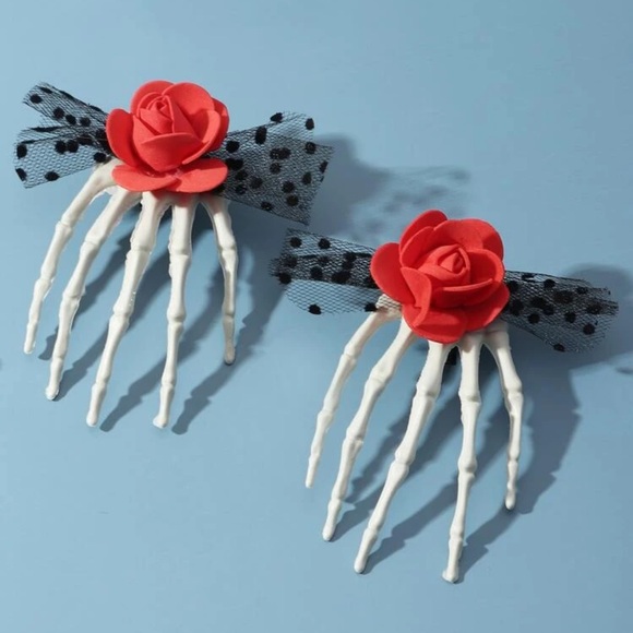 💀 Awesome Red Rose Ribbon Bow Skeleton Bone Band Hair Clips 💀 - Picture 4 of 4